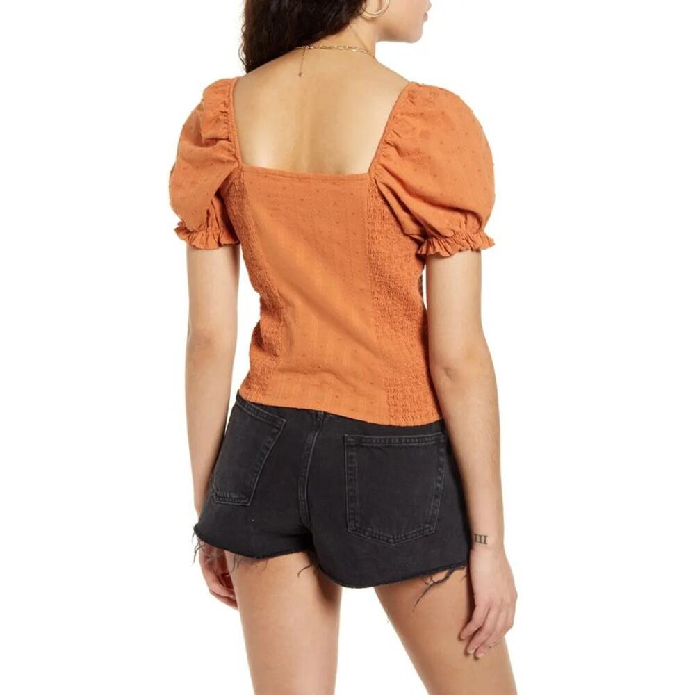 BP. Swiss Dot Ruched Puff Sleeve Top Rust Orange Size M - Picture 2 of 9